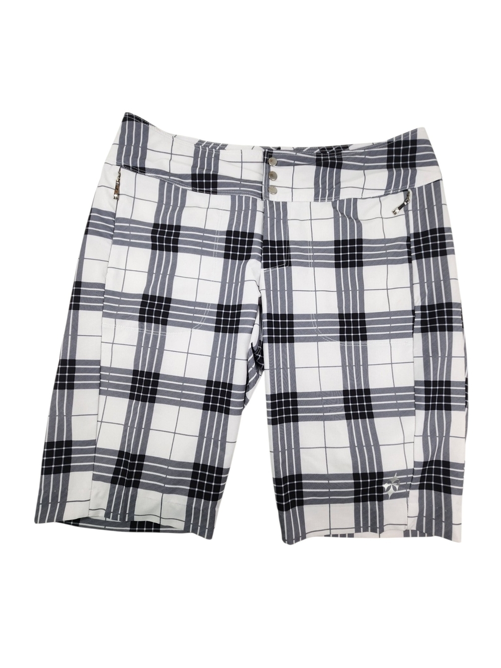 Jofit Women’s Golf Shorts Size 8 White Gray Plaid Stretch Bermuda Performance